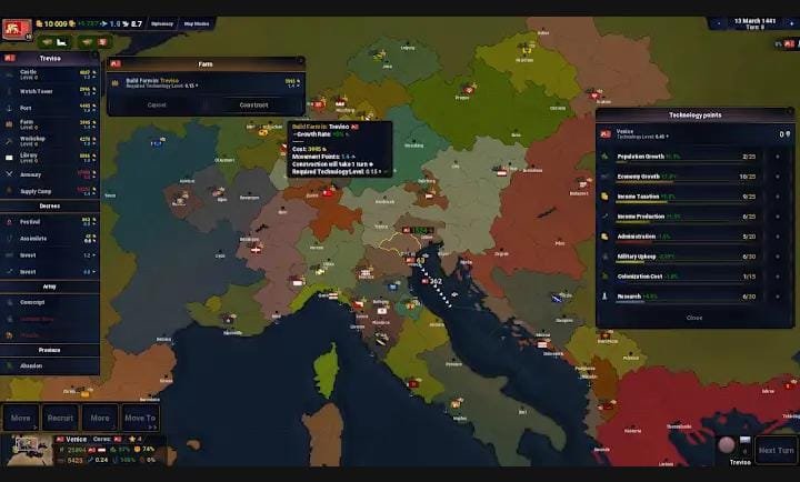 Age of History 2'de Avrupa haritasında eyalet sınırlarını, bina inşasını ve teknoloji puanları panelini gösteren ekran görüntüsü