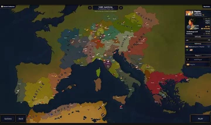 Age of History 2'de 1440 senaryosu için ülke seçimi ve Avrupa haritası ekranı