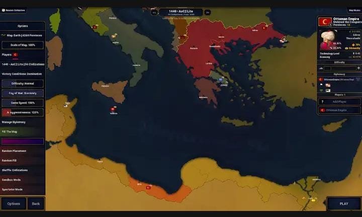 Age of History 2'de Osmanlı İmparatorluğu ile oynanan oyun kurulum ekranı ve zorluk ayarları panelini gösteren ekran görüntüsü