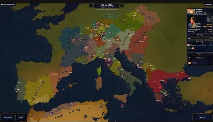 Age of History 2'de 1440 senaryosunda Avrupa haritasında ülke sınırlarını ve bölge isimlerini gösteren ekran görüntüsü