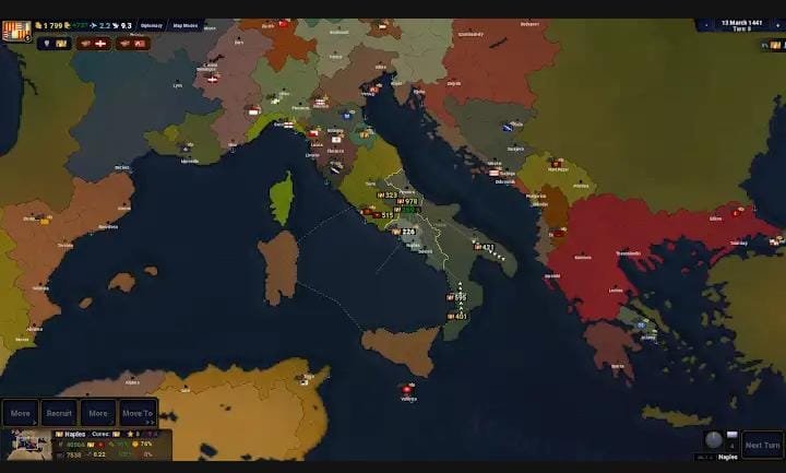 Age of History 2'de oyun içi kaynak çubuğu, sıra sayacı ve Akdeniz bölgesi harita görünümünü gösteren ekran görüntüsü